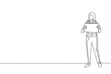 Tek sıra halinde otostop çeken mutlu bir kadın. Sırt çantalı genç turistler yolda araba yakalamaya çalışıyorlar. Tatil ve gezi konsepti. Aralıksız çizgi çizimi tasarım grafik vektör çizimi