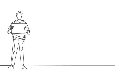 Tek sıra halinde mutlu bir adam otostop çekiyor. Sırt çantalı genç turistler yolda araba yakalamaya çalışıyorlar. Tatil macerası, turizm, seyahat. Bir çizgi çizimi tasarım vektörü illüstrasyonu