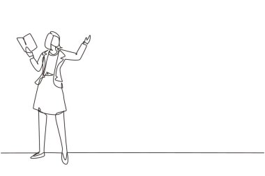 Sınıfın önünde açık bir kitapla tek sıra halinde öğretmenlik yapan kadın öğretmenler. Üniversitede öğretmenlik dersi veriyorum. Kadın öğretmenliği. Bir çizgi çizimi tasarım vektörü illüstrasyonu