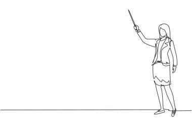 Sınıfın önünde sivri uçlu çubuk dersi veren bir öğretmen. Spor ceketli kadın öğretmen. Bir çizgi çizimi grafik tasarım vektör çizimi