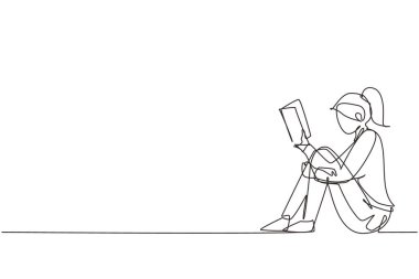 Tek sıra halinde yerde oturup kitap okuyan genç bir kadın çiziyor. Okuyorum, çalışıyorum. Kızlar edebiyat okumayı sever. Eğitim, kütüphane konsepti. Dinamik bir çizgi tasarım vektörü illüstrasyonuName