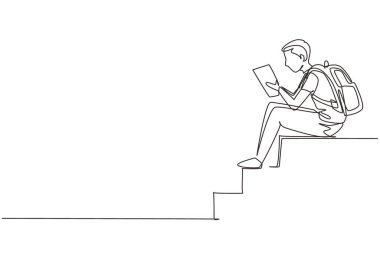 Merdivenlerde oturmuş kitap okuyan modern bir gencin çizdiği tek satır devam ediyor. Zeki erkek okuyucu edebiyattan hoşlanıyor ya da çalışıyor, sınava hazırlanıyor. Tek çizgi çizimi tasarım vektörü grafik çizimi