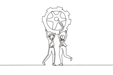 Tek ve sürekli bir çizgi çekme işbirliği. Erkek ve kadın vites yükseltiyor. İnsanlar dişlilerle çalışıyor. Profesyonel takım çalışması işbirliği konsepti. Bir çizgi çizimi tasarım grafik vektör çizimi