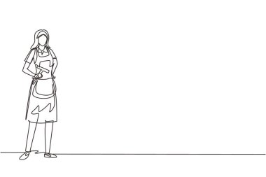 Havalı duruşu olan tek sıra çizim temizlik servisi. Temizlikçi poz veriyor ve çalışmaktan zevk alıyor. Gülümseyen kadın temizlik şirketi çalışanı. Devamlı çizgi çizimi tasarım vektörü illüstrasyonu