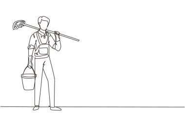Tek sıra halinde, yerleri silip süpüren adam üniformalı ve kovalı erkek temizlikçi, temizlik hizmeti konsepti. Ev işi, temizlikçi, hademe. Bir çizgi çizme tasarım vektörü