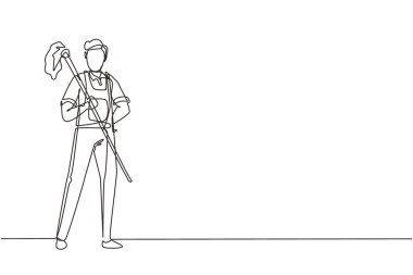 Mutlu erkek temizlik elemanlarının çizdiği bir çizgi beyaz arka planda eldivenlerle paspas tutuyor. Farklı insanların temizlik işlerinde çalışmayı sevmesi. Tek çizgi çizme tasarım vektörü