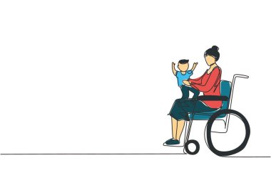 Tek sıra halinde çocuğuyla mutlu engelli anne çiziyor. Engelli kadın bebeği kollarında tutuyor. Aile sevgisi kavramı. Fiziksel engellilik ve toplum. Devamlı çizim tasarımı illüstrasyonu