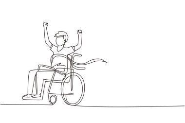 Sürekli bir çizgi halinde genç tekerlekli sandalye kullanıcısı kırmızı bitiş çizgisini geçiyor. Mutlu kazanan, başarılı şampiyon. Toplum, engelli insanlar topluluğu. Tek çizgi çizimi tasarım vektör çizimi