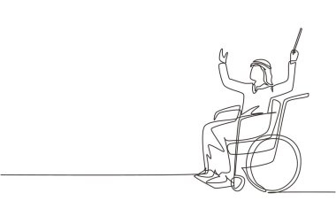 Tekerlekli sandalyede oturan ve orkestrayı yöneten genç bir Arap kondüktörü çizmeye devam ediyor. Engelli ve klasik müzik. Fiziksel olarak engelli. Tek çizgi çizimi tasarım vektörü grafik çizimi