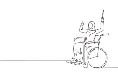 Tekerlekli sandalyede oturan ve orkestrayı yöneten genç Arap kadın orkestra şefi. Engelli, klasik müzik. Fiziksel olarak engelli. Tek çizgi çizimi tasarım vektörü grafik çizimi