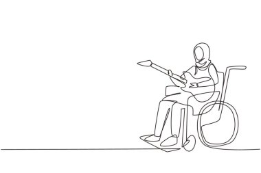 Tek sıra halinde, genç Arap kadın tekerlekli sandalyede oturur, gitar çalar, şarkı söyler. Fiziksel olarak engelli. Hastane koğuşunda biri var. Bir çizgi çizimi grafik tasarım vektör çizimi