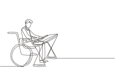 Tek sıra halinde yakışıklı klavye çalan erkek klavyeci elektrikli klavye çalar, şarkı söyler. Fiziksel olarak engelli. Rehabilitasyon merkezi. Bir çizgi çizimi tasarım vektörü illüstrasyonu