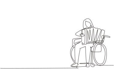 Tekli sandalyede akordeon çalan sakat bir kadın çiziyor. Fiziksel olarak engelli. Hastanedeki kişi. Rehabilitasyon merkezi hastası. Devamlı çizgi çizim tasarım vektörü