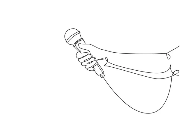 Beyaz Arka Planda Tek Sıra Halinde Mikrofonla Kadın Eli Çiziyor — Stok Vektör