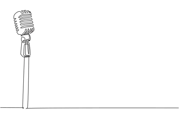 ヴィンテージのレトロなステージマイクをワンラインで描く 古い技術はスタンドアップ式喜劇ショーでコメディアンのためのマイクの概念を立っている 現代の連続線画デザイングラフィックベクトルイラスト — ストックベクタ