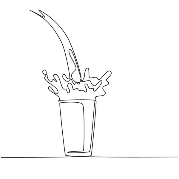ガラスの中に牛乳を注ぎ込む連続線画がスプラッシュを生み出します コップに牛乳をこぼす ガラスの中でミルクスプラッシュ 乳製品はガラスに注ぎました 1行で図形ベクトル図を描く — ストックベクタ