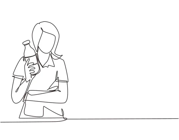 Одна Лінія Малює Веселу Жінку Тримає Пляшку Свіжого Мигдалевого Молока — стоковий вектор