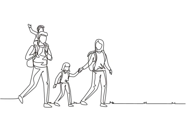 Непрерывно Одна Линия Рисует Туристическую Семью Двумя Детьми Группа Людей — стоковый вектор