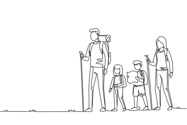 連続線画の家族がキャンプに行く 若い両親とその子供 男の子と女の子のハイキング バックパック マット コンパス付き レジャーの概念 1本の線画ベクトル — ストックベクタ