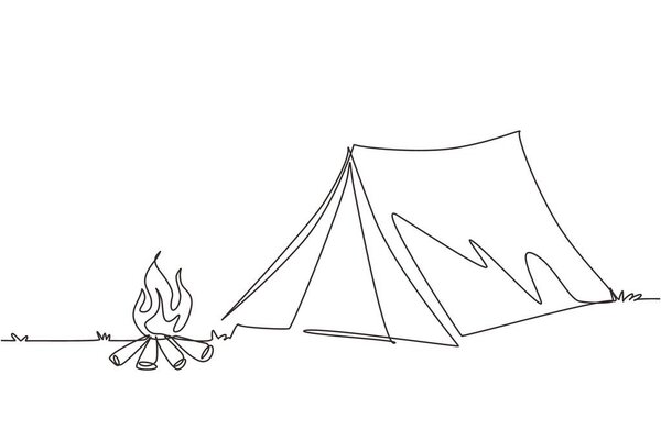 One continuous line drawing family adventure camping evening scene. Палатка, природа, костер, сосновый лес и скалистая гора, звездное ночное небо с лунным светом. Векторная иллюстрация