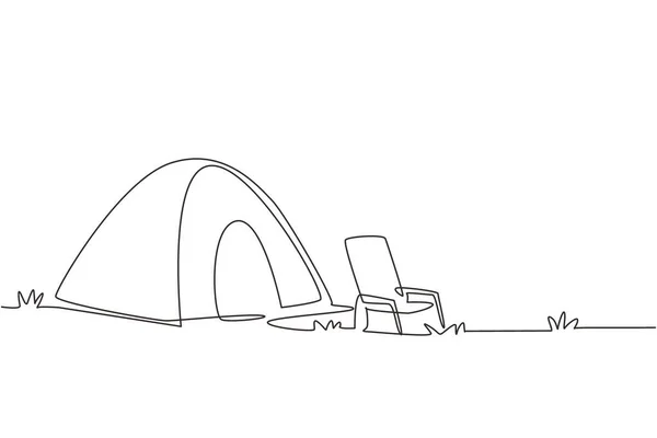Single continuous line drawing camping tent with chair. Nature landscape for trip adventure traveler. Climbing, trekking, hiking, sports, outdoor recreation. One line draw design vector illustration