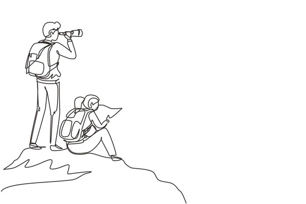 Непрерывная Одна Линия Рисует Пару Туристов Мужчина Женщина Рюкзаками Бинокль — стоковый вектор
