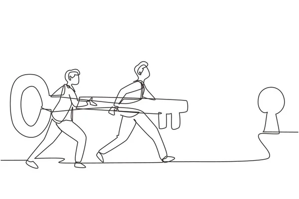 Una Sola Línea Continua Dibujando Hombres Negocios Pie Frente Cerradura — Archivo Imágenes Vectoriales