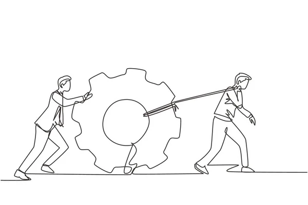 单行拉商人拉大齿轮绳 企业领导帮助团队拉齿轮 商人推动齿轮 企业理念 连续线条绘图设计图形矢量插图 — 图库矢量图片