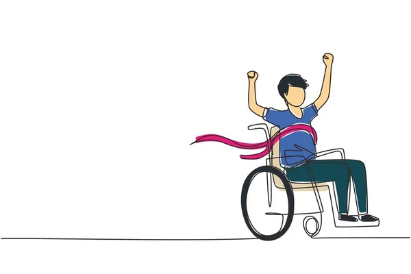 连续一行画年轻男性轮椅使用者穿过红色终点线 快乐的赢家 成功的冠军 残疾人社区 单行绘图设计矢量图解 — 图库矢量图片