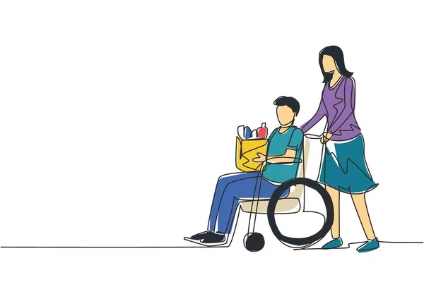 Jeden Řádek Kreslení Sociální Pracovník Pomáhá Starému Muži Invalidním Vozíku — Stockový vektor