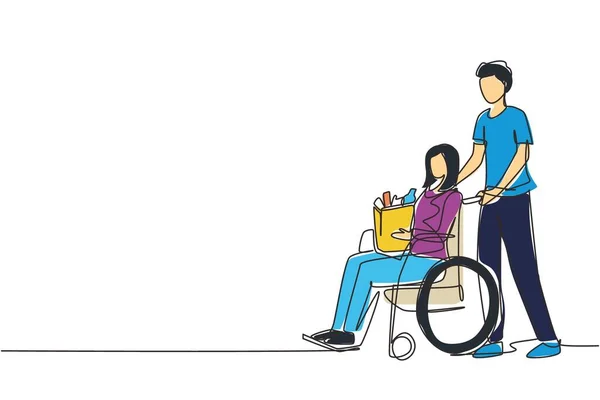 휠체어에 장애인 할머니를 지지하고 돌보는 남자를 그렸습니다 쇼핑하는걸도와 노인을 봉사자 — 스톡 벡터