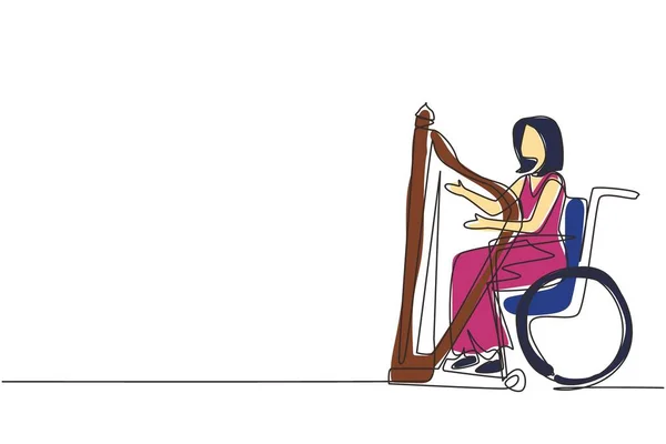 Jedna Linie Kreslení Elegantní Žena Sedí Invalidním Vozíku Hraje Harfu — Stockový vektor