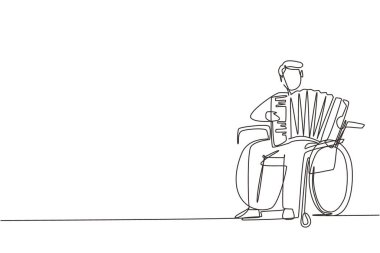 Tekerlekli sandalyede akordeon çalan engelli yakışıklı adamın çizdiği tek sıra. Fiziksel olarak engelli. Hastanedeki kişi. Rehabilitasyon merkezi hastası. Bir çizgi çizme tasarım vektörü