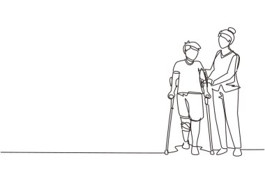 Rehabilitasyon merkezi sürekli bir hat çiziyor. Küçük hasta çocuk doktor yardımıyla koltuk değnekleriyle yürümeyi öğreniyor. Yaralı insanlar için fizyoterapi. Tek çizgi çizme tasarım vektörü