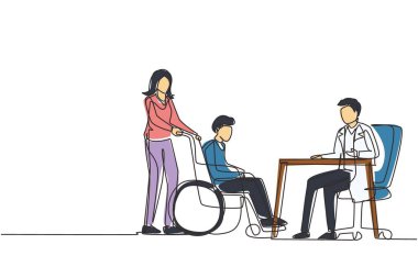 Doktor ve hastayı tek sıra halinde çekmek. Pratisyen doktor ve hastane muayenehanesindeki yaşlı adam. Danışmanlık ve teşhis. Tıp konsepti. Bir çizgi çizme tasarım vektörü