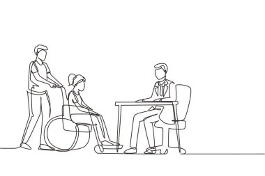 Doktor ve hastayı tek sıra halinde çekmek. Hastane muayenehanesindeki pratisyen doktor ve kadın hasta. Danışmanlık, teşhis. Tıp konsepti. bir çizgi çizimi tasarım vektör çizimi