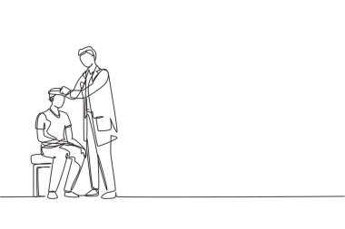 Yaralı bir gencin kafasını saran doktor çizimleri devam ediyor. Sağlık görevlisi ve erkek hasta kafa yaralanması. Acil durum ya da ilk yardım konsepti. Tek çizgi çizimi tasarım vektörü grafik çizimi