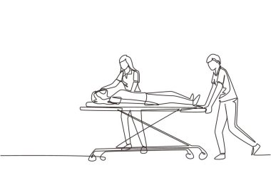 Tek sıra halinde çekilen doktorlar hasta kadınla sedye itecek. Hastanedeki oda. Tıbbi personel, enfeksiyon kapmış hasta. Sağlık hizmetleri ve yardım. Tıbbi karantina. Devamlı çizgi çizimi tasarım vektörü illüstrasyonu