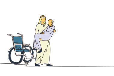 Aralıksız çekilen bir çizgi, sevgili Arap oğlunu engelli babasını tekerlekli sandalyeden aldı ve onu kollarına aldı. Güçlü çocuğuna sarılan mutlu kıdemli adam. Tek çizgi çizimi tasarım vektörü grafiği