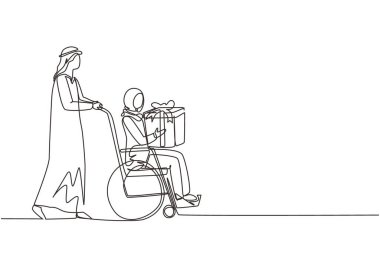 Tekli sıra Arap erkeği ve tekerlekli sandalyedeki engelli kadını çekiyor. Erkek alışverişi, kadınlara hediye kutusu verin. Bakıcı, aile desteği. Engelli rehabilitasyonu. Bir çizgi çizme tasarım vektörü