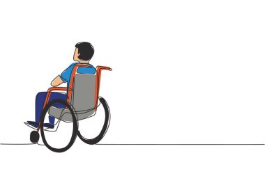 Tekli sıra, tekerlekli sandalyede oturan yaşlı adamın arka tarafını çekiyor ve dışarıdaki kuru sonbahar yapraklarına bakıyor. Yalnız, kimsesiz, kimsesiz, yalnız. Devamlı çizgi çizim tasarım vektörü