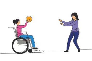 Sürekli olarak engelli insanların mutlu yaşam tarzlarını çiziyor. Tekerlekli sandalyedeki küçük kız dışarıda aktif bir hayat süren bayan arkadaşıyla top oynuyor. Tek çizgi tasarım grafik vektörü