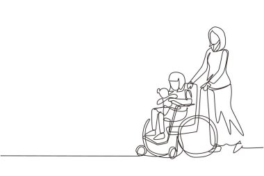 Tekerlekli sandalyedeki engelli kızıyla annesini çizen bir çizgi klinik hastanesine muayene için geldi. Anne engelli çocuklara yardım ediyor. Tek çizgi çizimi tasarım vektörü grafik çizimi