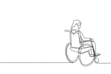 Tek sıra, tekerlekli sandalyede oturan ve dışarıdaki kuru sonbahar yapraklarına bakan yalnız yaşlı kadının arkasını çekiyor. Yalnız, kimsesiz, kimsesiz, yalnız. Devamlı çizgi çizim tasarım vektörü