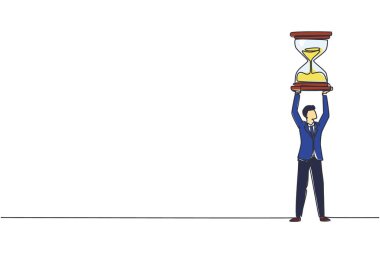 Mutlu iş adamı çizen tek çizgi, kum saatini başının üstünde tutuyor. İş zamanı yönetimi. Başarı, şampiyon, zafer, kum saati. Modern sürekli çizgi çizimi tasarım grafik vektör çizimi