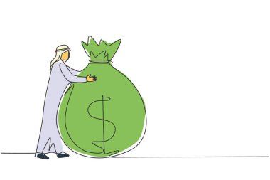 Tek sıra halinde büyük para çantasına sarılan Arap işadamı. Finansal başarı. Ayakta duran ve kocaman para çantasına sarılan adam. İş meleği yaratıcı fikri. Devamlı çizgi çizimi tasarım vektörü illüstrasyonu