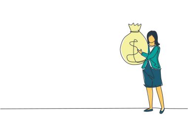 Devamlı para dolu bir çanta taşıyan mutlu bir iş kadını çiziyor. Gülümseyen bir kadın, para dolu bir çuval taşıyor. Tek çizgi çizimi tasarım vektörü grafik çizimi