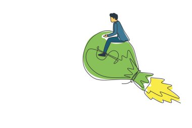 Havada dolar işareti uçuşan roket para çantasıyla iş adamı çizen tek satır. Finansal başarı, başarı hedefine ulaşmak için ticari yaratıcı fikir. Devamlı çizgi çizim tasarım vektörü