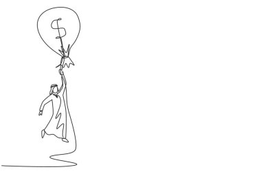 Tek sıra halinde para çantası dolar balonuyla uçan Arap işadamı çiziyor. Başarılı finansal konsept. İnsan para kazanır ve başarılı olur. Bir çizgi çizimi grafik tasarım vektör çizimi