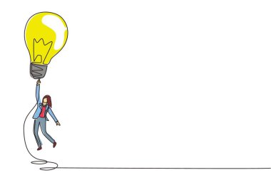 Sürekli bir çizgi halinde uçan iş kadını gökyüzünde fikir ampulleri tutuyor. Takım elbiseli bir ofis çalışanı. İş sorununu çözmek için harika bir fikir. Başarı konsepti. Tek çizgi çizimi tasarım vektör çizimi